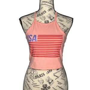 Isaac Morris (XS) USA Flag Graphic Crop Top Halter Neck Tie Sleeveless Tank